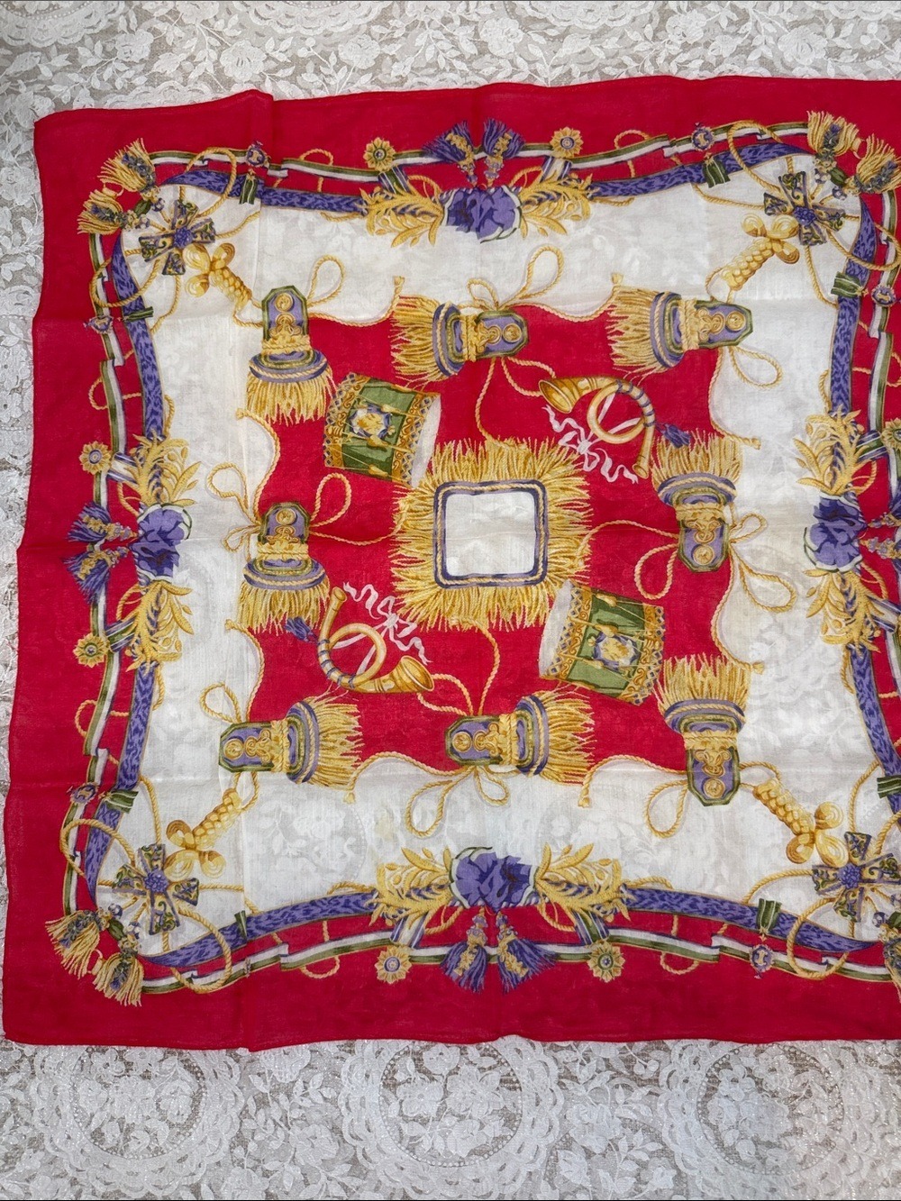 Celine Red, Gold & Purple handkerchief cotton neck Scarf 18/18